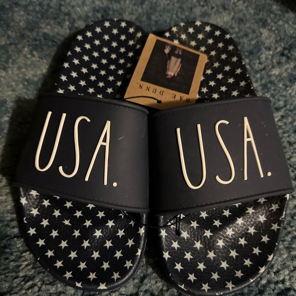 Rae Dunn navy  USA Star Slide Sandals brand new with tags